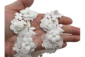 PEPPERLONELY 1 Yard White Pearl Rose Flower Embroidered Lace Trim Ribbon Wedding Applique DIY Sew On Supplies Craft Decoration 4cm