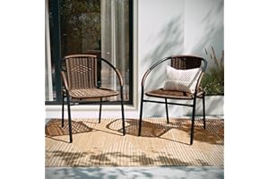 EMMA + OLIVER Set of 2 Modern Rattan Indoor/Outdoor Stack Chairs, Stacking Rattan Patio Chairs with Curved Back and Cross Bracing, Brown