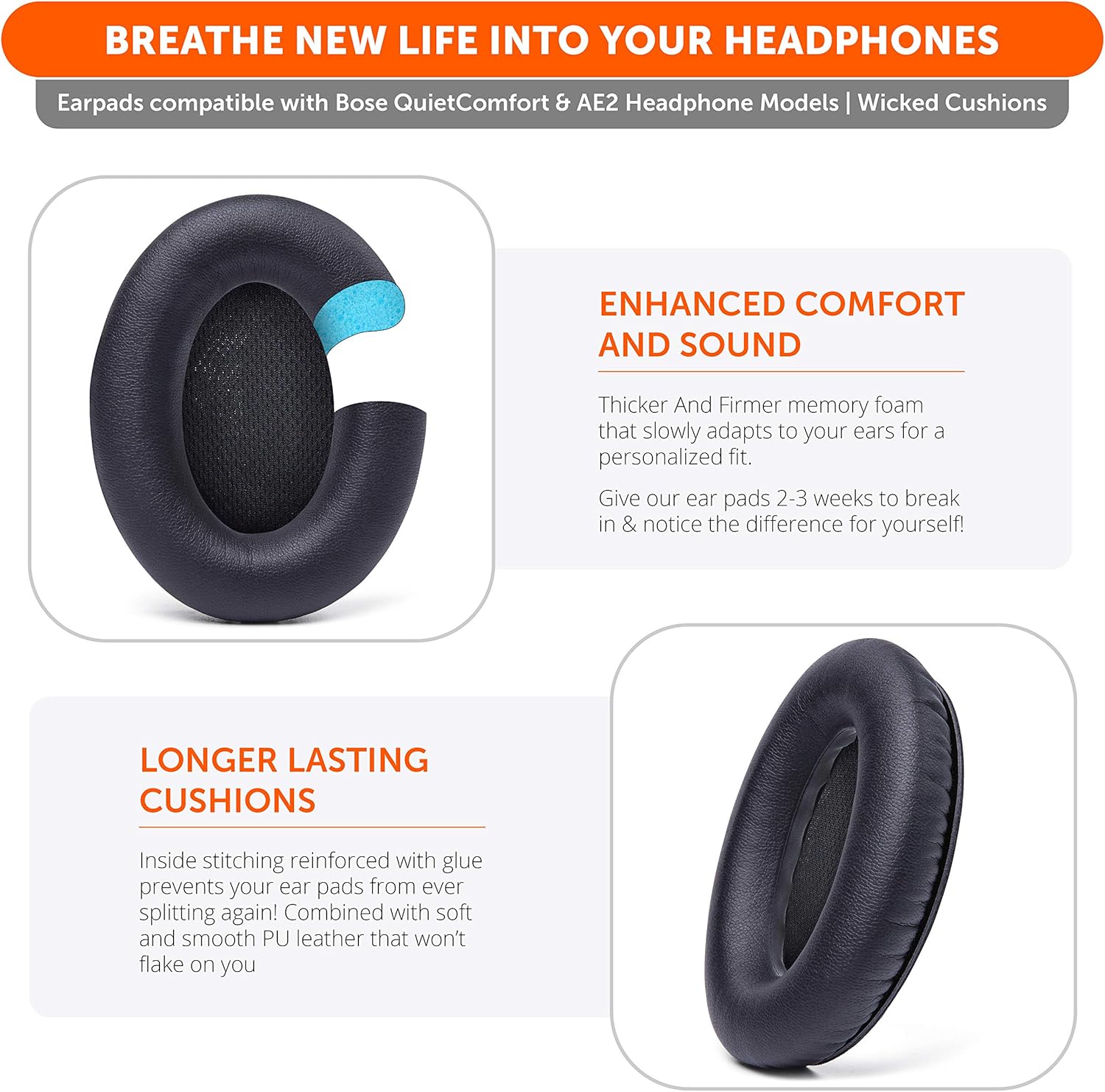 WC Upgraded Replacement Ear Pads for Bose QC15 Headphones Made by Wicked Cushions- Supreme Comfort - Compatible with QC25 / QC2 / AE2 / AE2i / AE2W - Extra Durable | Black: Electronics