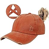 HGGE Women Ponytail Criss Cross High Messy Buns Ponycaps Baseball Cap Adjustable Cotton Distressed Dad Trucker Hat