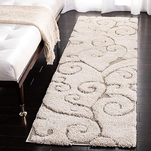 SAFAVIEH Florida Shag Collection SG455 Scrolling Vine Graceful Swirl Textured Non-Shedding Living Room Bedroom Dining Room Entryway Plush 1.2-inch Thick Runner, 2'3" x 10' , Cream / Beige