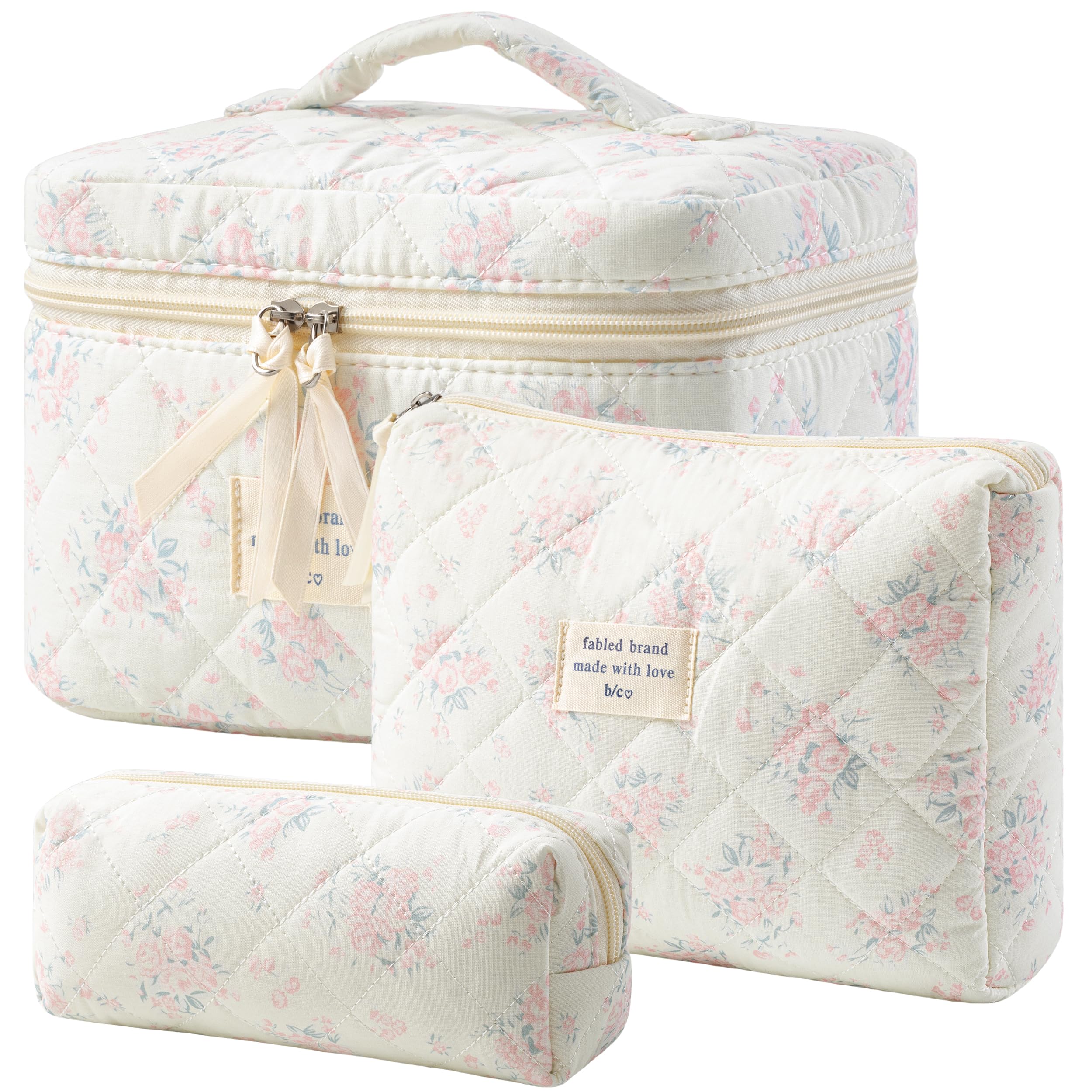 HBselect Quilted Makeup Bag, 3PCS Cotton Large Travel Makeup Bag, Cute Floral Coquette Make up Bag Cosmetic Bag Toiletry Bag for Women Girls Image