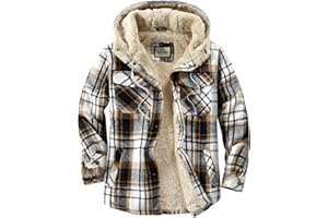 Shawnda Men's Sherpa Hooded Flannel Jacket Cotton Button Down Shirt Jacket Plaid