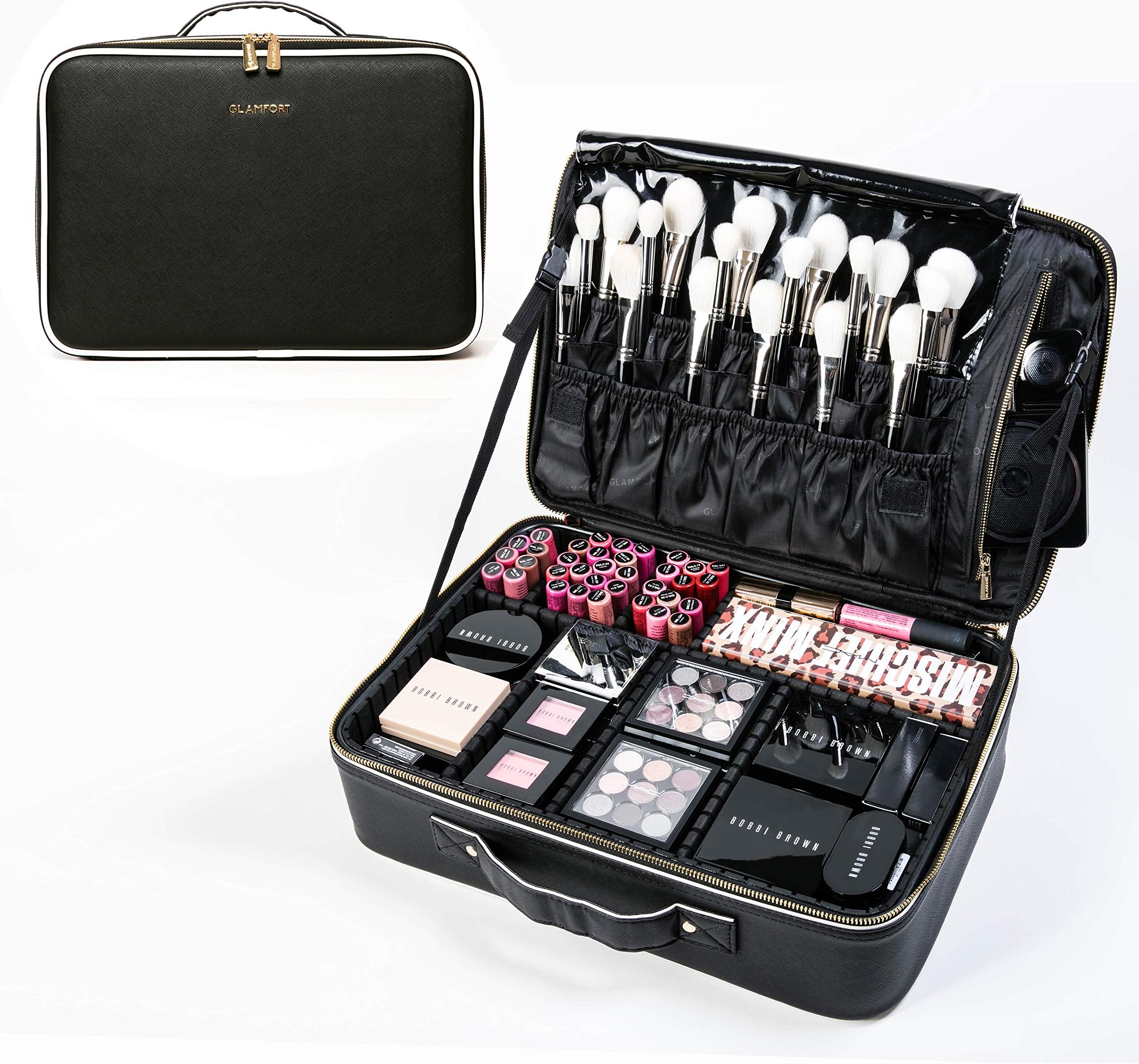GLAMFORT Makeup Train Case Travel Makeup Bag Cosmetic Bag Storage Organizer with Removable Dividers (Large, Black)
