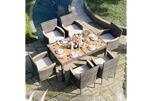 JAMFLY 7 Pieces Outdoor Patio Dining Set, Wicker Patio Furniture Set with Wood Table and 6 Chairs with Soft Cushions for Yard, Garden, Porch and Poolside (Grey)