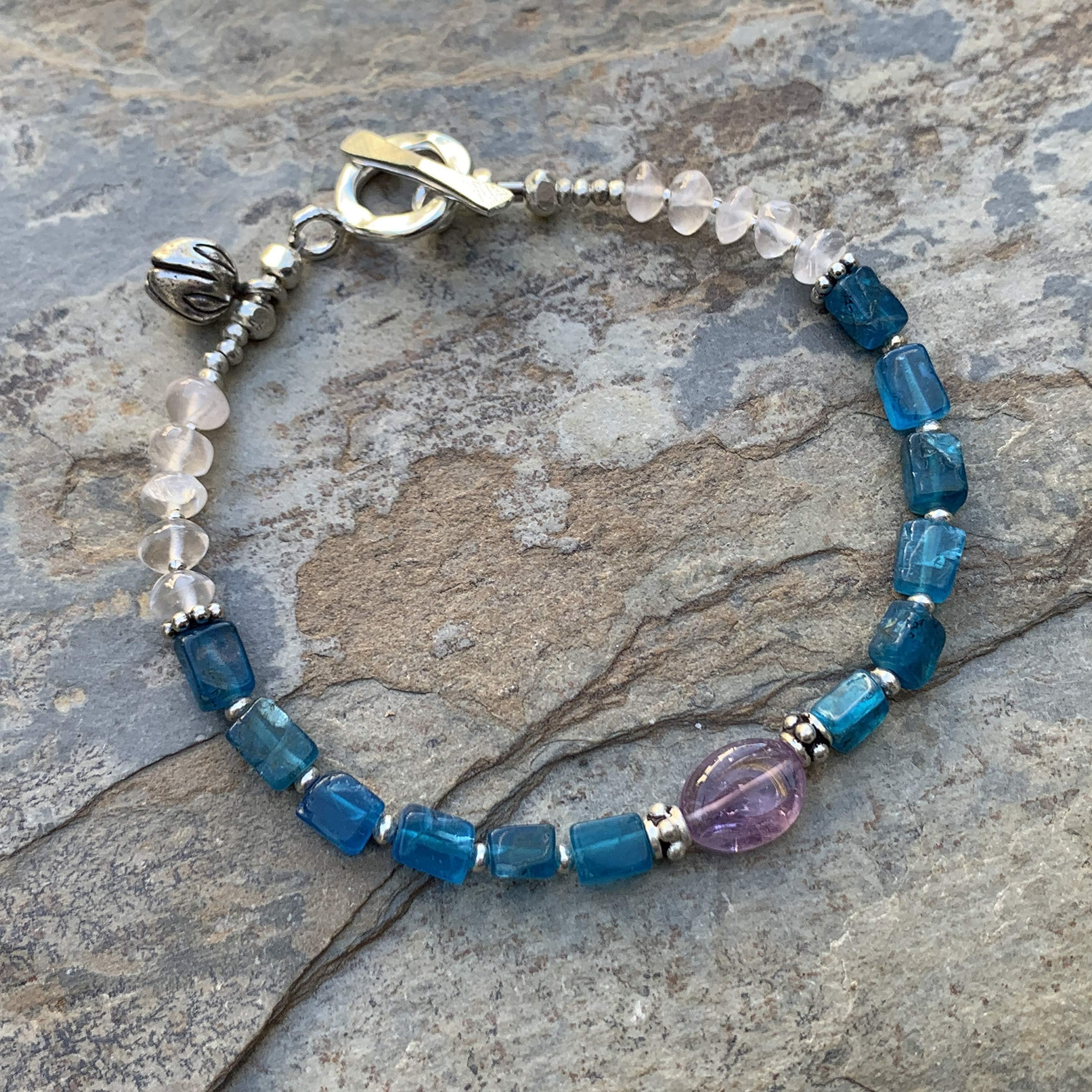 Neon Apatite Bracelet with Moonstone, Amethyst and Sterling Silver, 7.5 inch