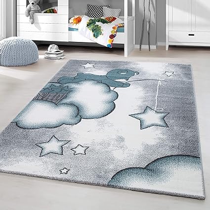 HomebyHome Kinderteppich Kurzflor Teddy Bear Babyteppich Kinderzimmer Babyzimmer Grau Weiss Blue Meliert, Größe:80x150 cm