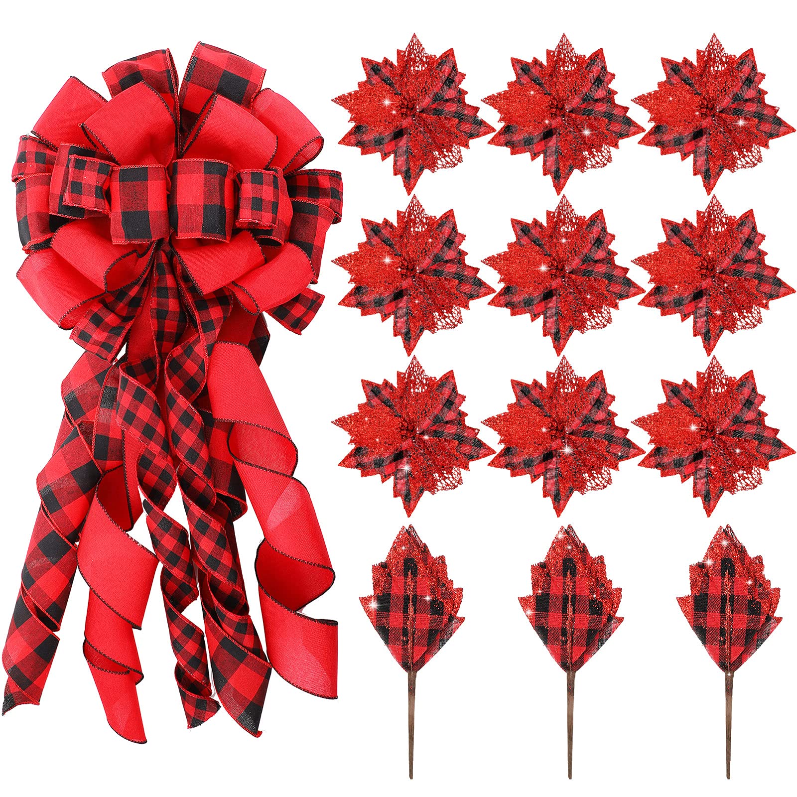 Syhood Red Black Buffalo Plaid 34 Inch Christmas Tree Topper Decor Large Wreath Bow Ornament Giant Hanging Christmas Bows Decorations and Artificial Flowers for Xmas Home Front Door Decors