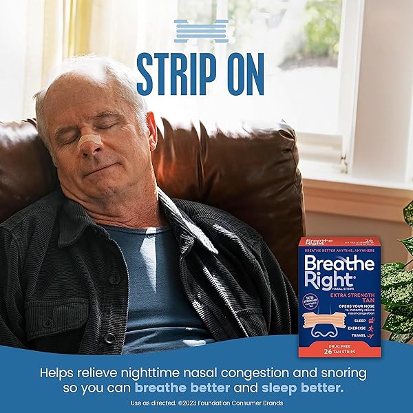 BREATHE RIGHT NASAL STRIPS, EXTRA STRENGTH, TAN NASAL STRIPS, HELP STOP SNORING, DRUG-FREE SNORING SOLUTION & INSTANT NASAL CONGESTION RELIEF CAUSED BY COLDS & ALLERGIES, 26 COUNT (PACKAGING MAY VARY)