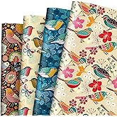 12 Sheets Vintage Floral Wrapping Paper - Not Roll - Retro Bird Flower Gift Wrap Paper Bulk Folded Flat 4 Designs DIY Craft Art Paper for Wedding Birthday Baby Shower Party Supplies