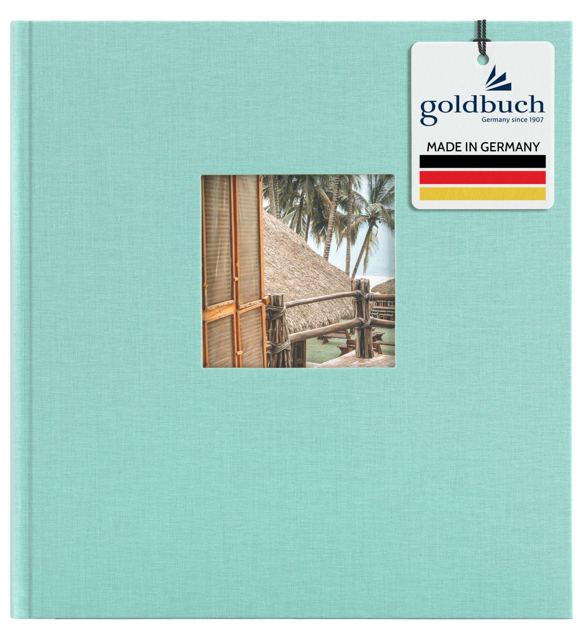 goldbuch Bella Vista 27 907 Photo Album with Picture Cut-Out Aqua 30 x 31 cm Photo Album 60 Black Pages with Glassine Dividers Photo Book with Linen Cover Caribbean Blue