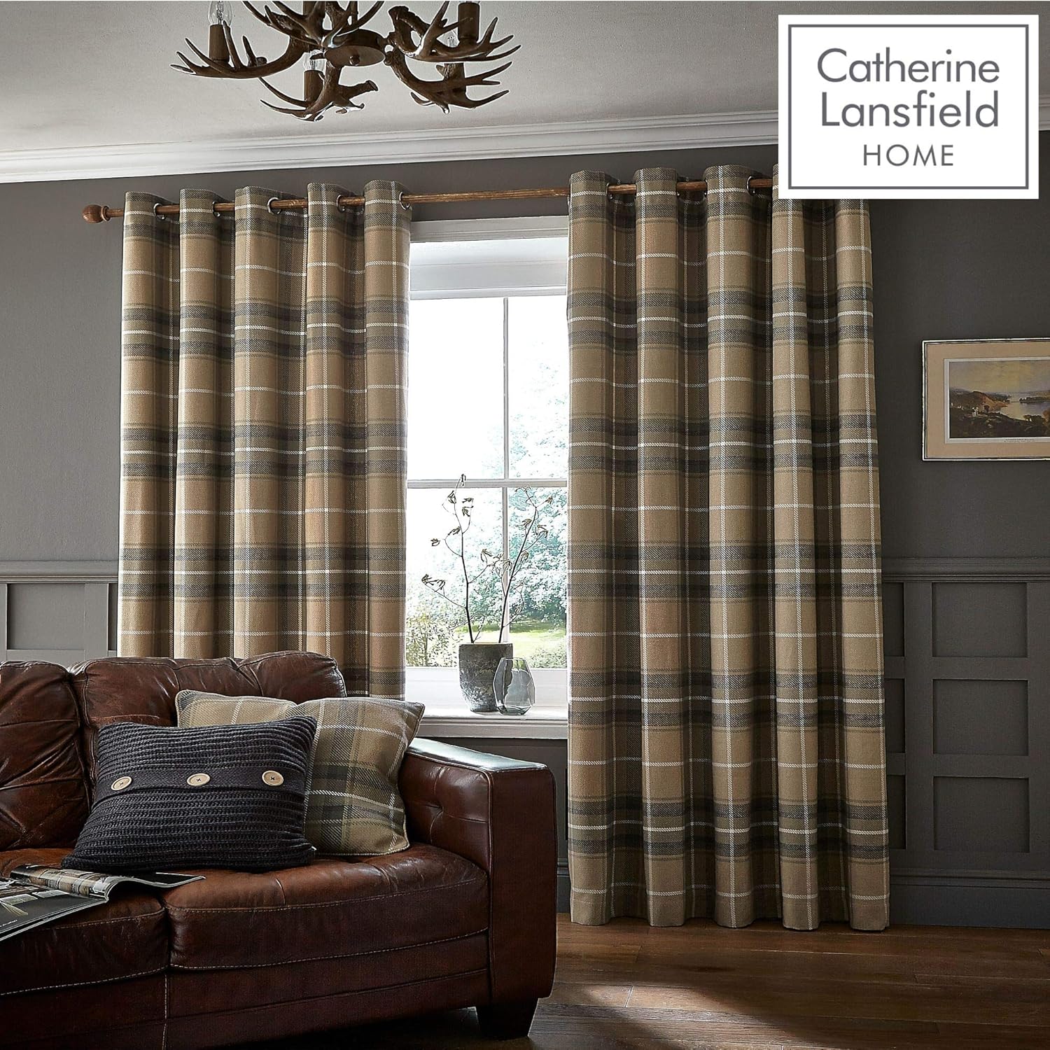 Catherine Lansfield Brushed Heritage Check Eyelet Curtains Grey, 66x54