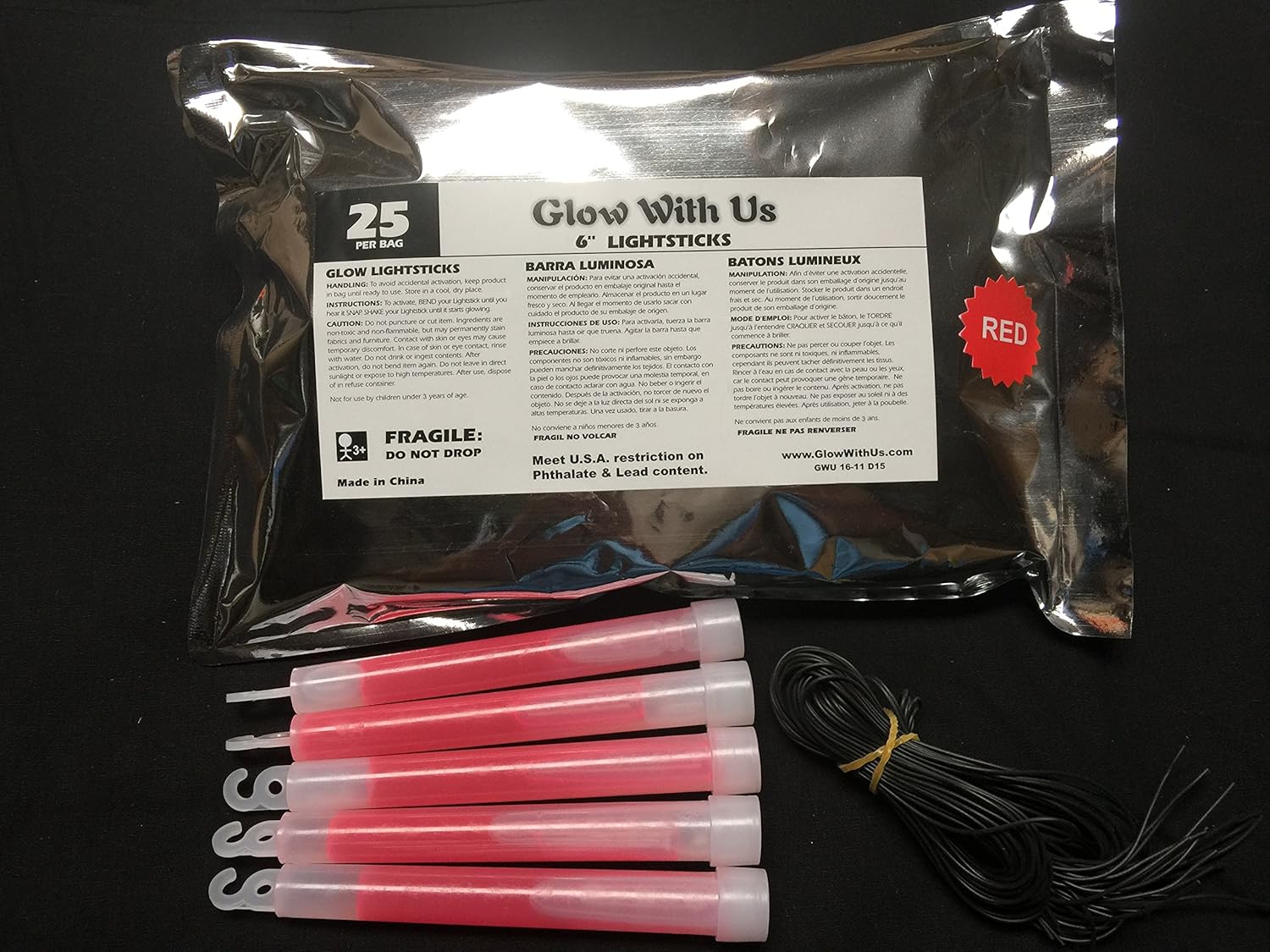Glow Sticks Bulk Wholesale, 25 6” Industrial Grade Red Light Sticks. Bright Color, Glow 12-14 Hrs, Safety Glow Stick with 3-Year Shelf Life, GlowWithUs Brand: Toys & Games