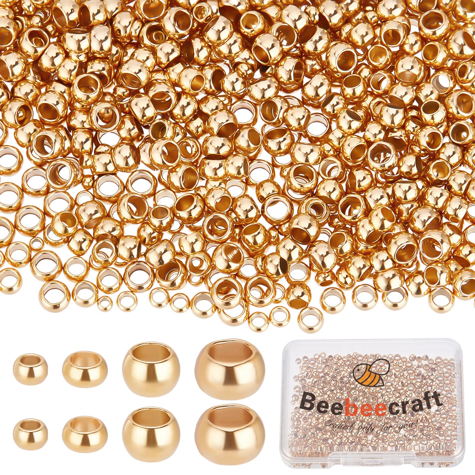 Beebeecraft 800Pcs/Box 4 Size Crimp Tube Beads 24K Gold Plated Stainless Steel Crimping Tube Spacers Cord End Caps Loose Stopper Beads for Earring Necklace