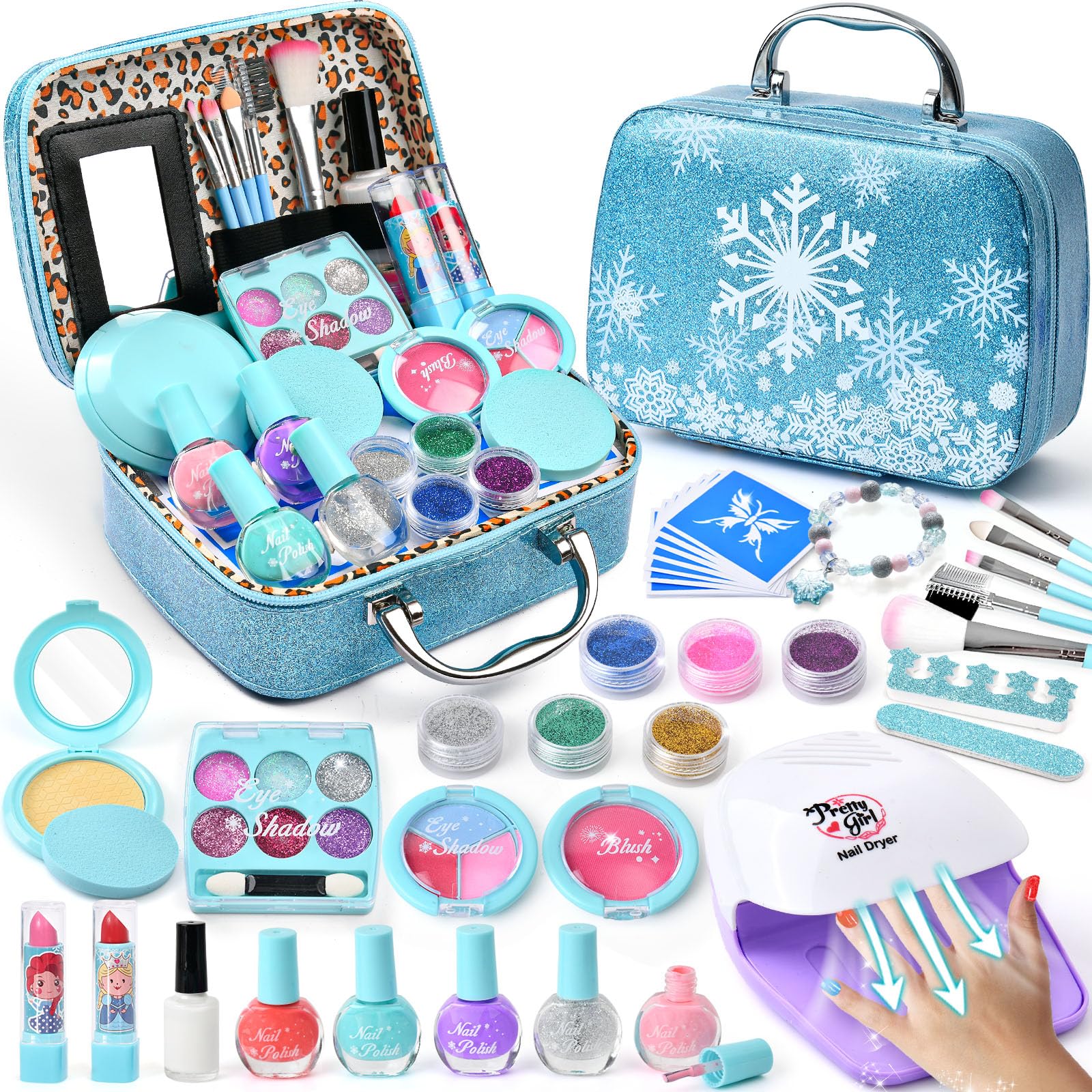 G.C ELSA Spielzeug Geschenke für Mädchen 4 5 6 7 8 Jahre, Kinderschminke Set mit Nageltrockner Peel-Off Nagellack Glitzer Tattoo, Eiskönigin Schminkkoffer Nagelstudio Rollenspiel Spielzeug Mädchen