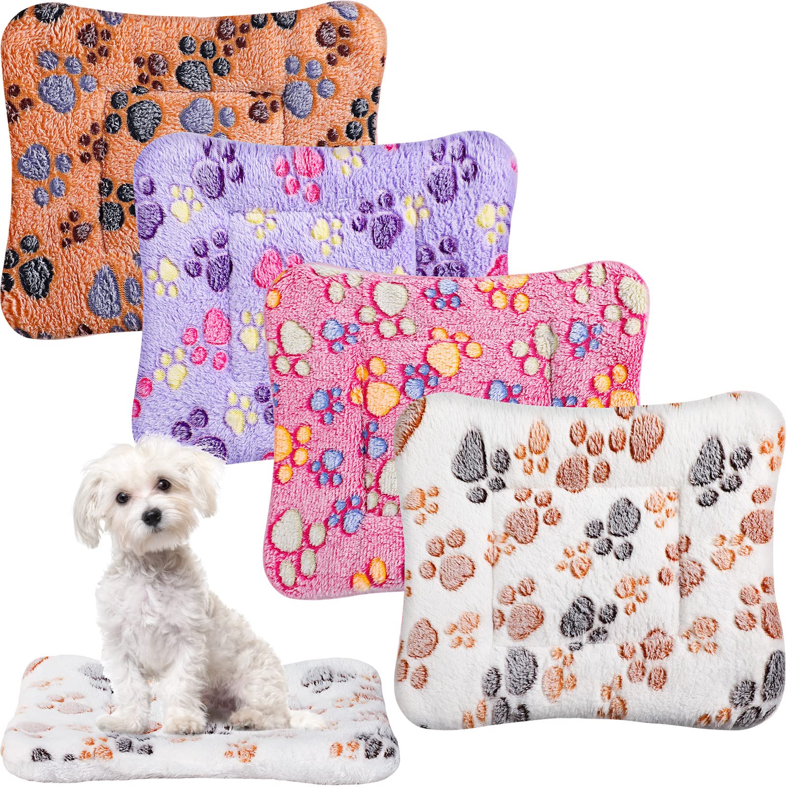 Photo 1 of 4 Pack Ultra Soft Dog Cat Bed Mat with Cute Prints Reversible Fleece Dog Crate Kennel Pad Cozy Washable Thickened Hamster Guinea Pig Pet Bed Mat for Small Animals(13 x 19 Inches,Vivid Color)