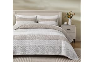 Chezmoi Collection Robyn 3-Piece Neutral Taupe Gray White Floral Hibiscus Flower Patchwork Striped Quilt Set - Pre-Washed Cotton Coverlet - Lightweight Reversible Bedspread, Queen Size