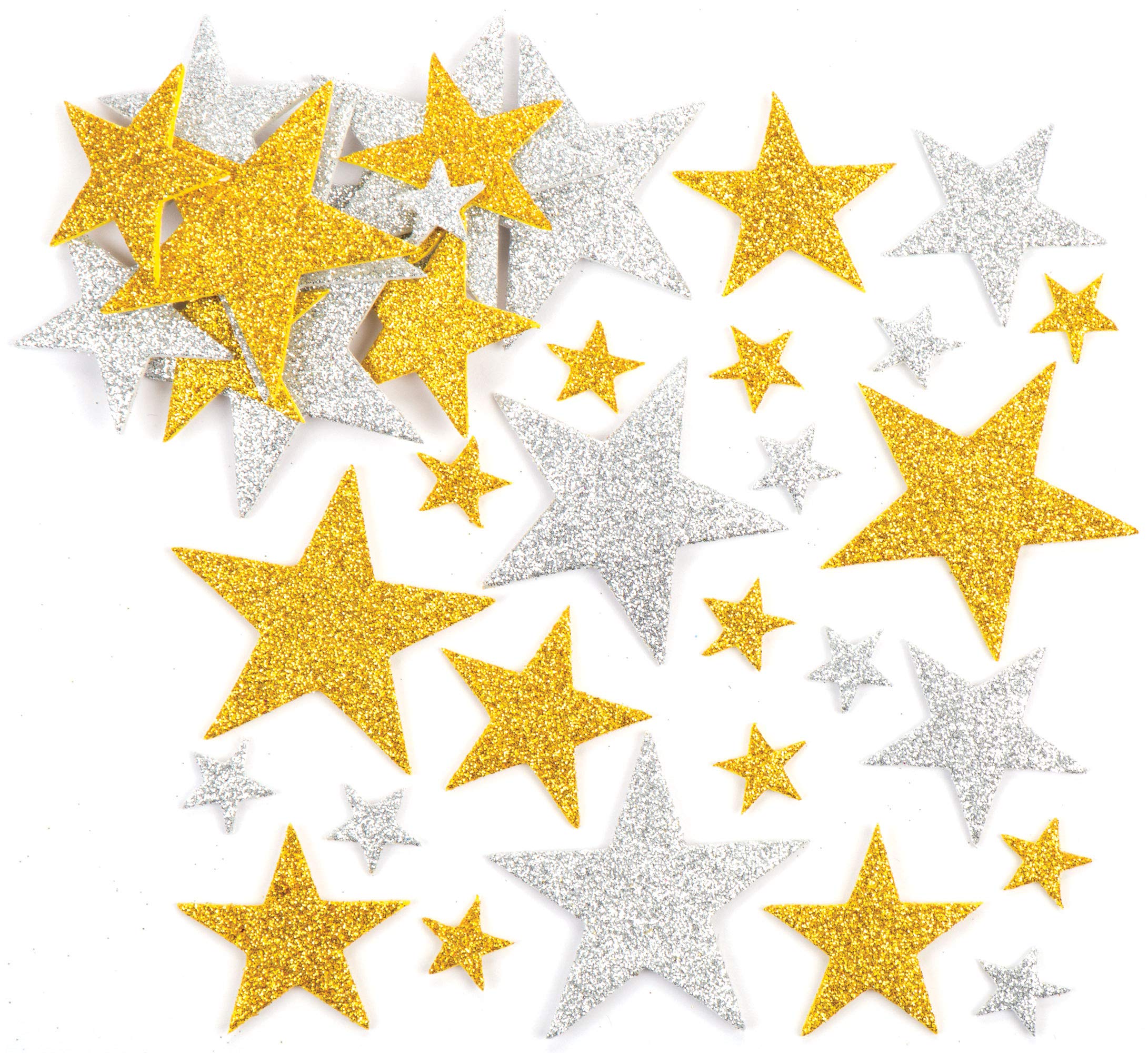 Baker Ross AV610 Gold and Silver Glitter Star Foam Stickers (Pack of 150) Self Adhesive Scrapbook Stickers