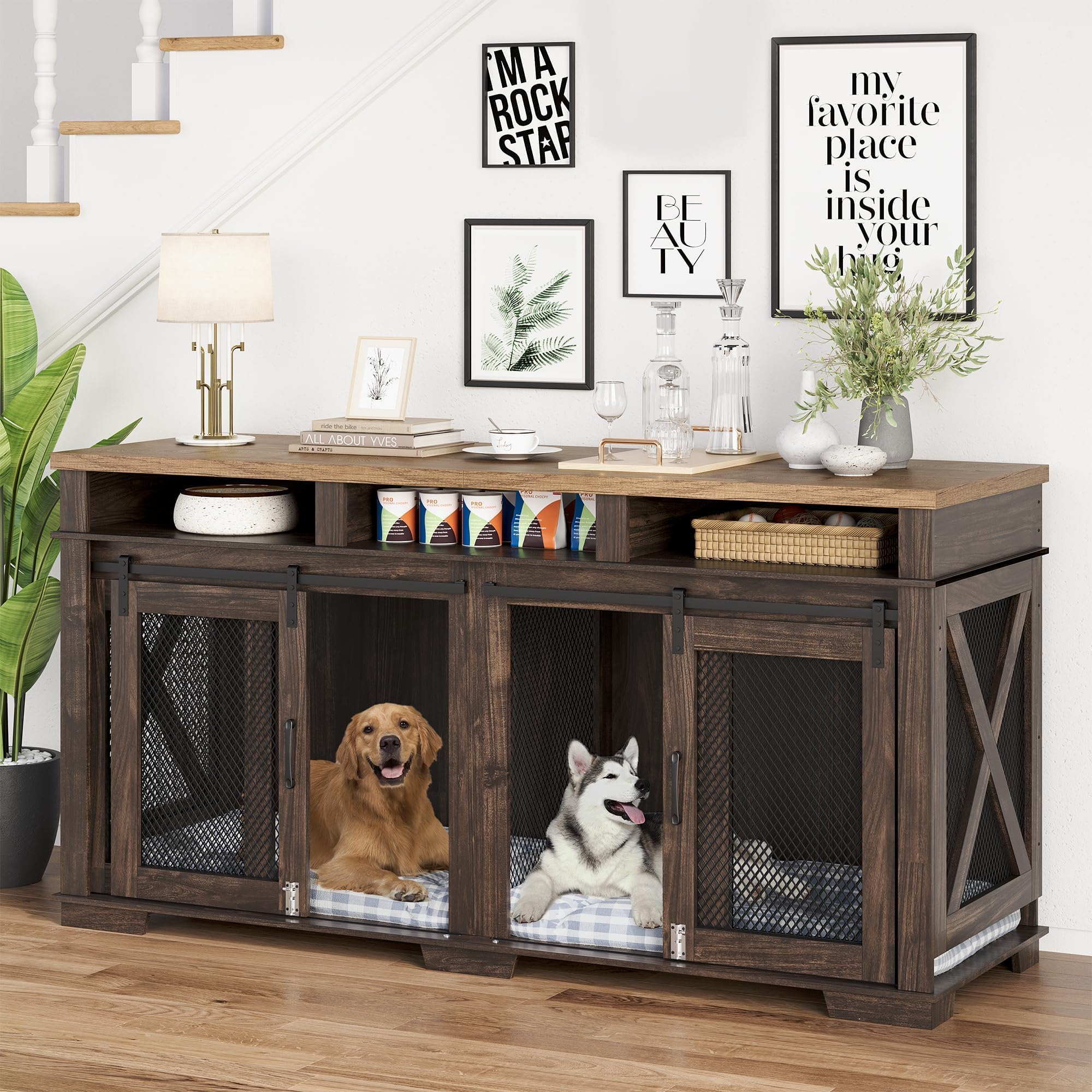 Photo 1 of ****************Missing the sliding doors*****************
71'' Large Dog Crate Furniture for 2 Dogs, XXL Double Door Indoor Wooden Kennel with Removable Divider & Sliding Barn Door, 3-Drawer TV Stand End Table for Medium & Large Dogs ?