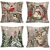 Tikeciti Christmas Woodgrain Snowman Pillow Covers Xmas Red Cardinal 18 x 18 Inch Throw Pillows, Winter Snowflake Seasonal Trees Deer Decorative Farmhouse Cushion Case for Sofa Couch Set of 4