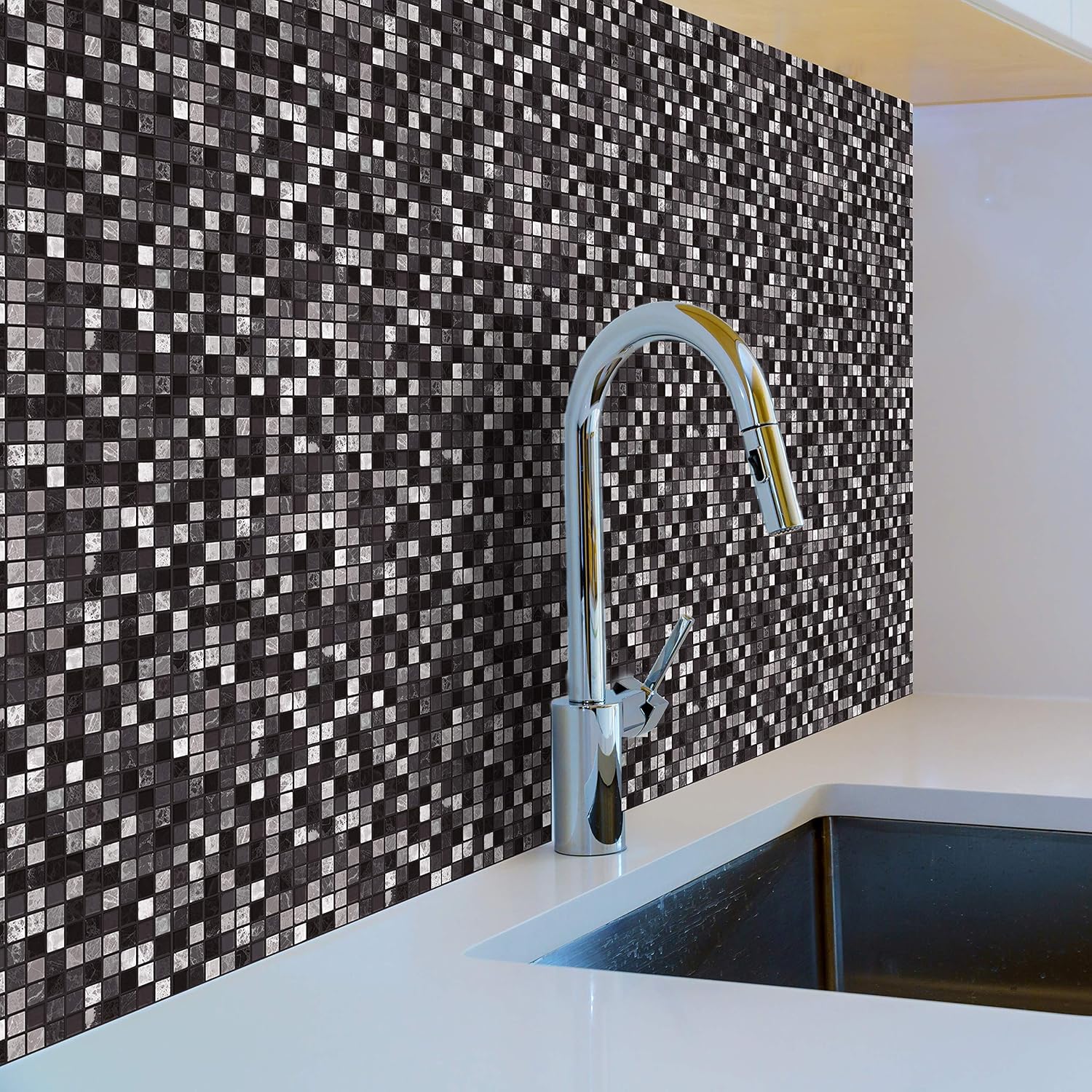 WALPLUS 15cm(6")@72pcs Marquina Metallic Black & White Marble Mosaic Wall Tile Sticker Tile Paint Stick on Tiles Peel and Stick Self Adhesive Tile Sticker for Kitchen Bathroom Tile Transfer Backsplash - Image 5