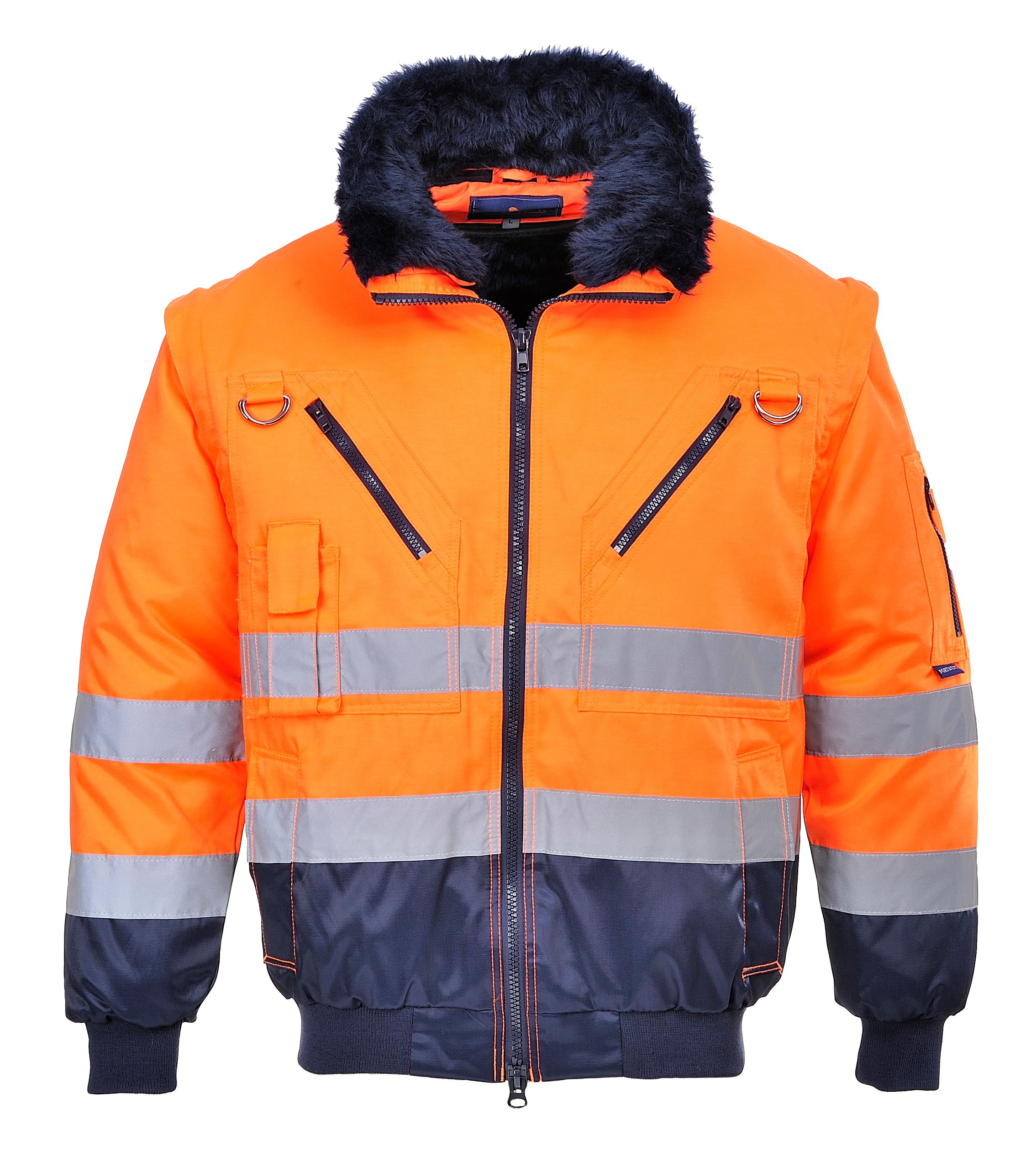 Portwest PJ50 Hi-Vis 3-in-1 Pilot Jacket Waterproof Reflective Workwear Coat Detachable Sleeves Fur Liner Multi-Pocket Fleece Lining EN ISO 20471 Certified, Orange/Navy, XL