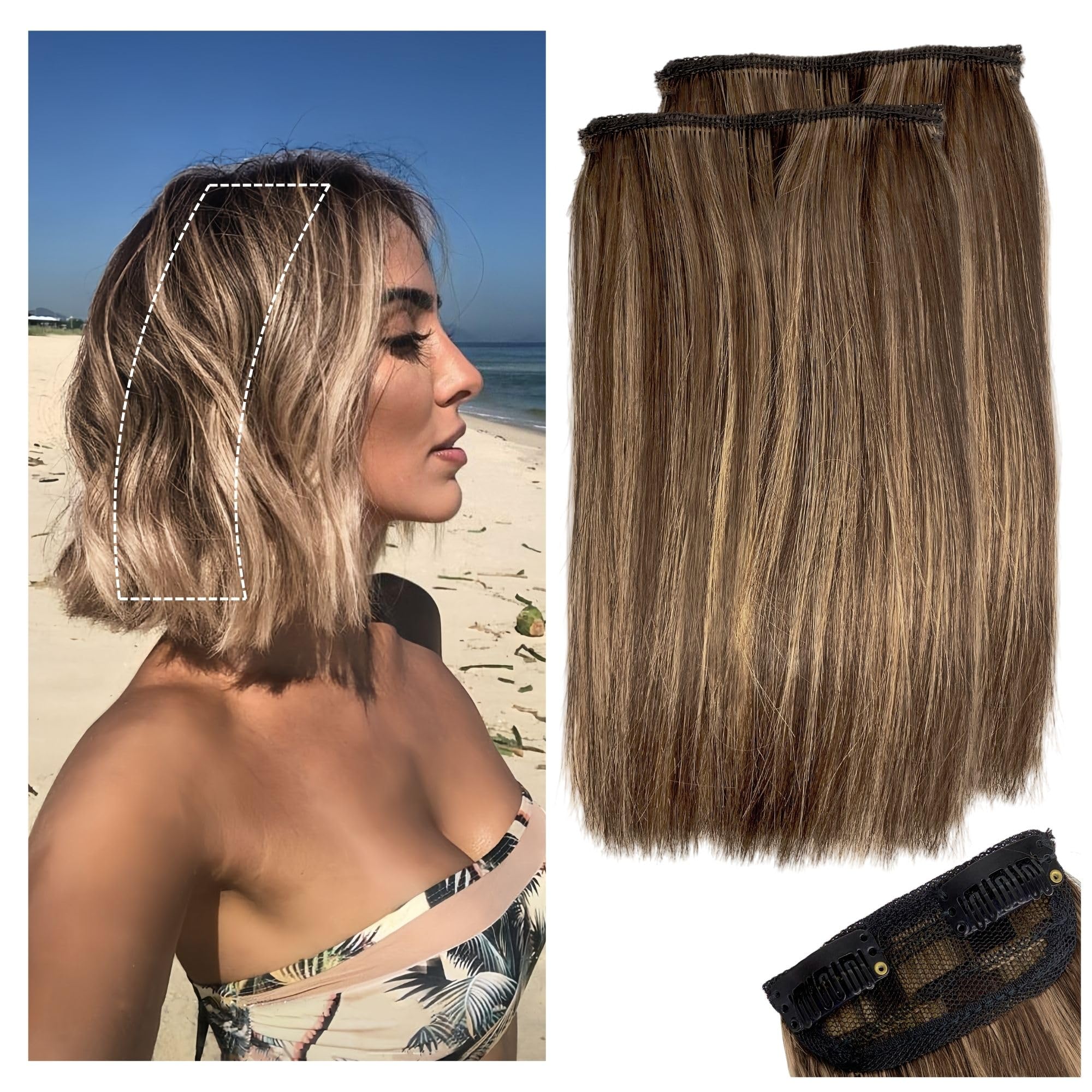Photo 1 of 2 Pcs Short Hair Extensions, Clip in Extensions Human Hair for Women Adding Volume 8 Inch Medium Brown and Honey Blonde