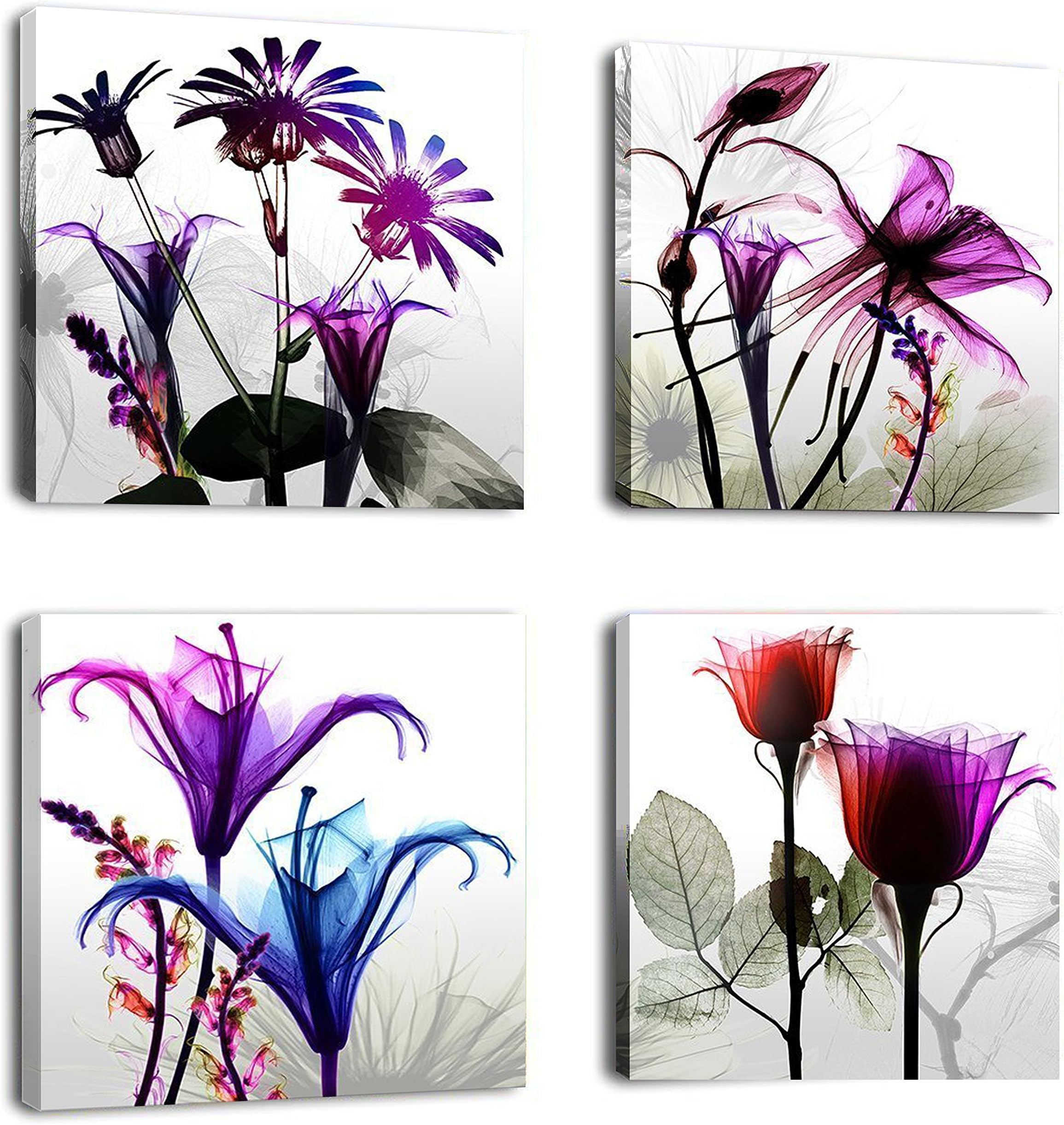 CUFUN Art – 4 Panels Modern Giclee Prints Artwork Multi Flowers Pictures Photo Paintings Print on Canvas Wall Art for Home Walls Decor Stretched and Framed Ready to Hang(40x40cmx4pcs)
