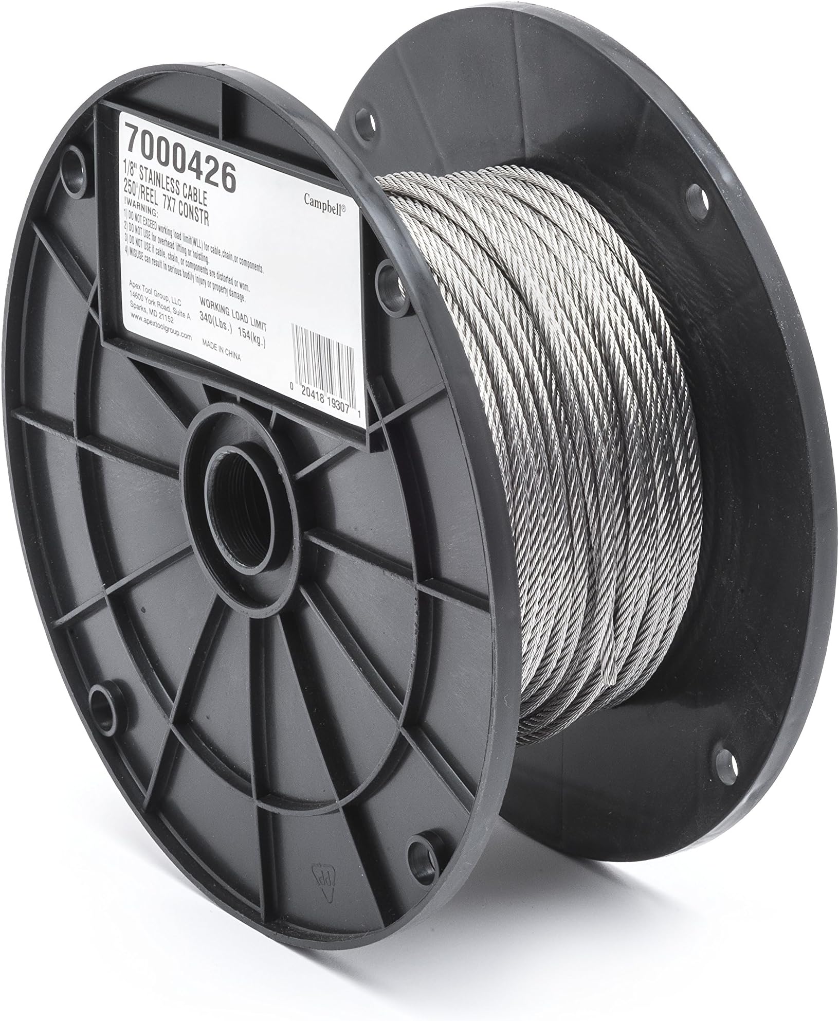 Stainless Steel 316 Wire Rope on Reel, 7x7 Strand Core, 1/8" Bare OD, 250' Length, 340 lbs Breaking Strength