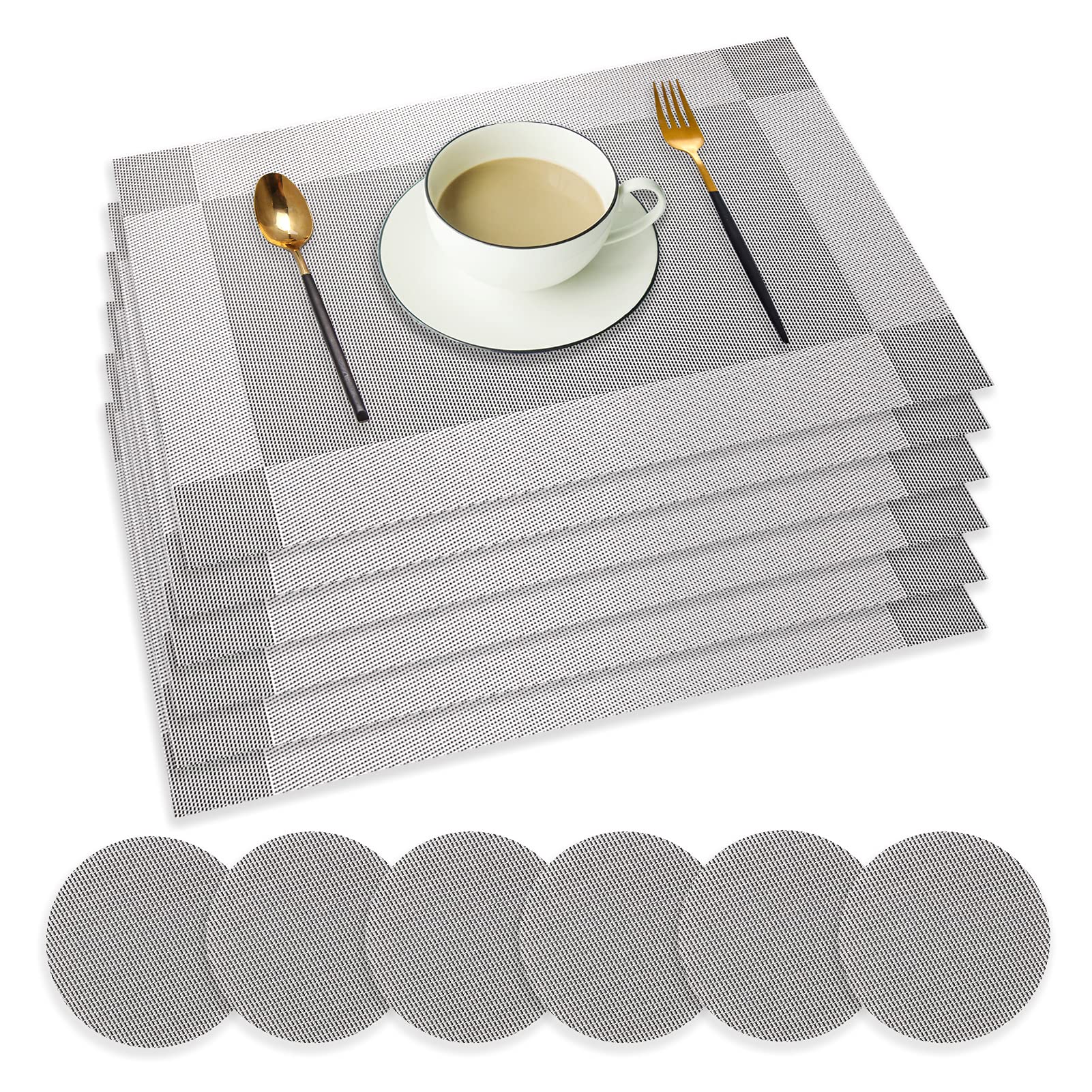 wiipara Placemats Set of 6, PVC Place Mats and Coasters Washable Non-Slip Heat Resistant Table Mats for Kitchen Dining Table Home Restaurant (6 Placemat + 6 Coaster, Silver Grey)