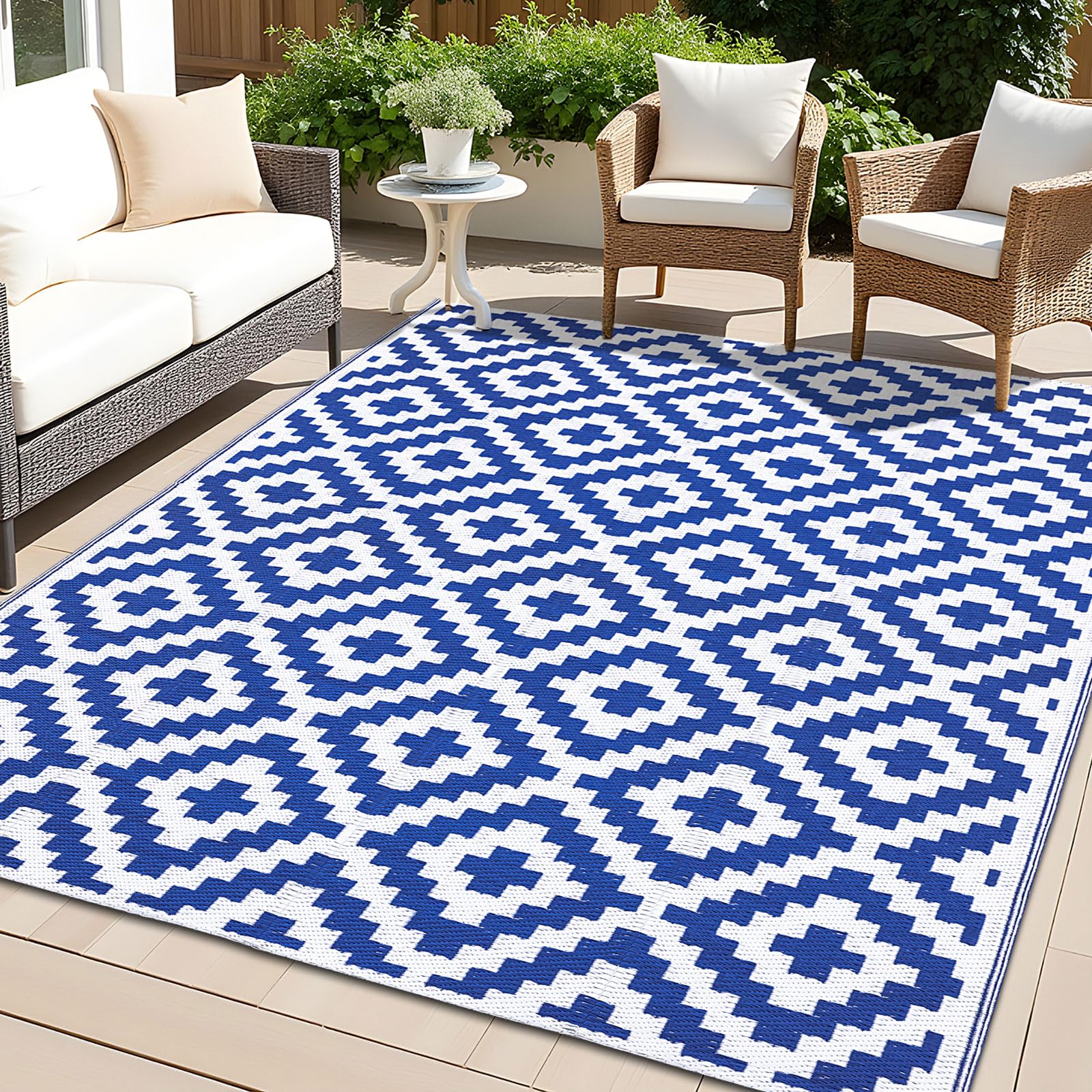 Photo 1 of OLANLY Waterproof Outdoor Rug 4x6 ft, Outdoor Plastic Straw Rug for Camping, RV Mat Outside, Outdoor Carpet for Porch, Deck, Backyard, Balcony, Picnic, Blue & White