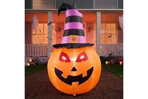 Joiedomi 5 FT Halloween Inflatables Outdoor Decorations, Pumpkin Inflatable Halloween Decor Outdoor with Witch Hat, Halloween Blow Up Pumpkin with Build-in LEDs for Halloween Yard Decorations
