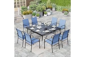 HERA'S HOUSE Patio Dining Set 9 Pieces, Outdoor Table and Chairs Set for 8, 8 x Blue Textilene Dining Chair, 60" Square Metal Dining Table with 1.57" Umbrella Hole, for Lawn Garden Backyard Deck