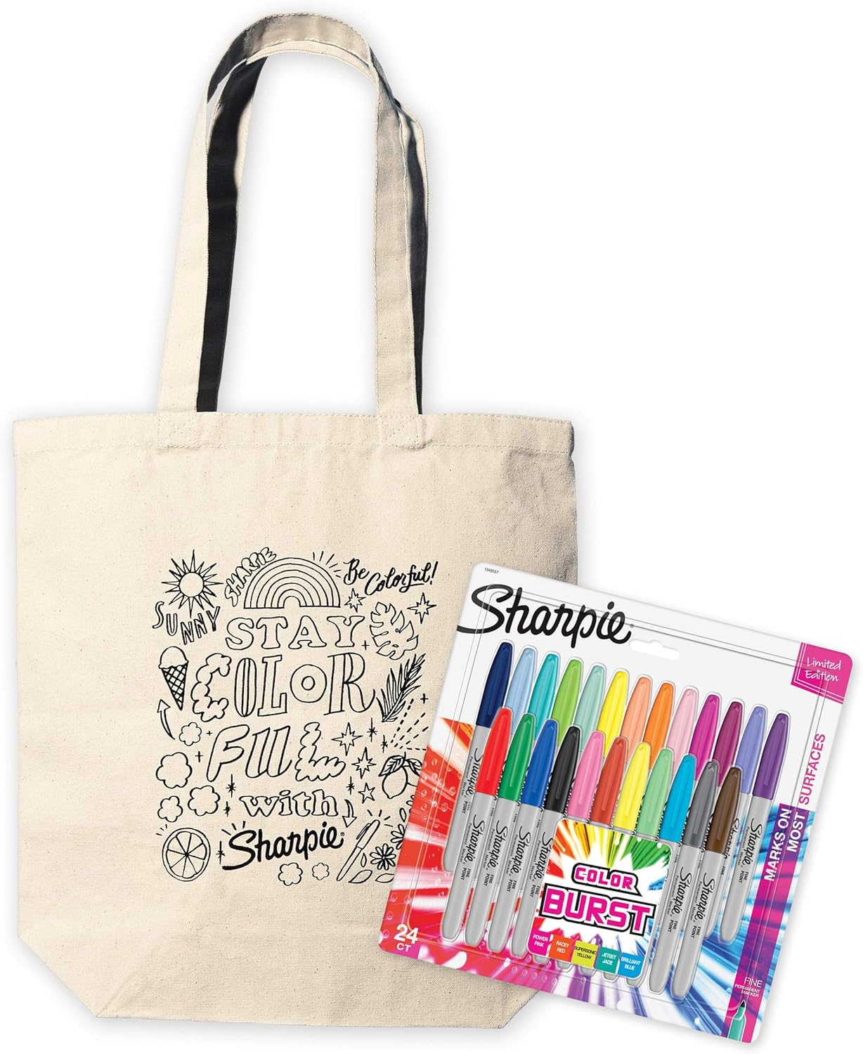 Amazon Sharpie シャーピー 公式 エコバッグ セット 油性 ペン マーカー アート イラスト 油性コミック 描画 スケッチ マンガ デコレーション 落書き コンビニ ショッピングバッグ 中字 カラーバースト 24本セット イラストレーター関根省吾 オリジナルイラスト エコ