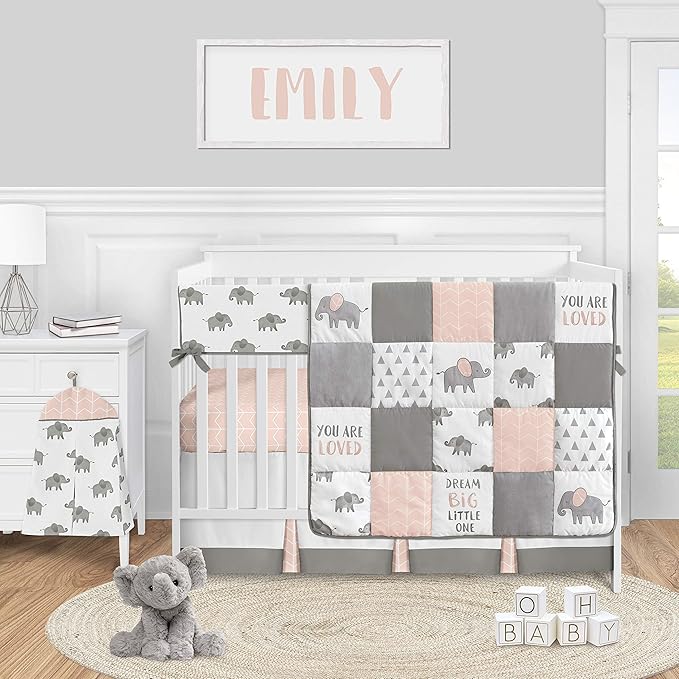 pink and grey elephant baby bedding