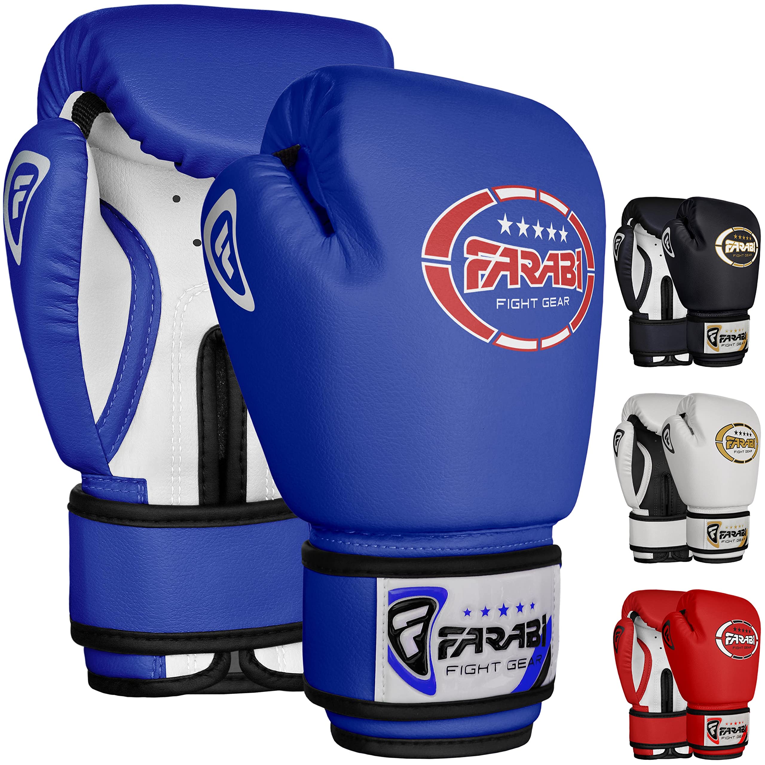 Farabi Sports Kids Boxing Gloves 6, 8-oz Junior Muay Thai Gloves Youth Kickboxing Sparring Punching Bag Training Gloves (Blue/White, 4-oz)