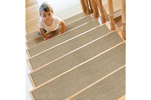 SMILOOL Stair Treads Non Slip for Wooden Steps Indoor 15 Pack 8" X 30" Carpet Stairs Runner for Wood Stairs, Stair Tread Rugs with Reusable Adhesive for Dogs Kids and Elders, Machine Washable, Beige