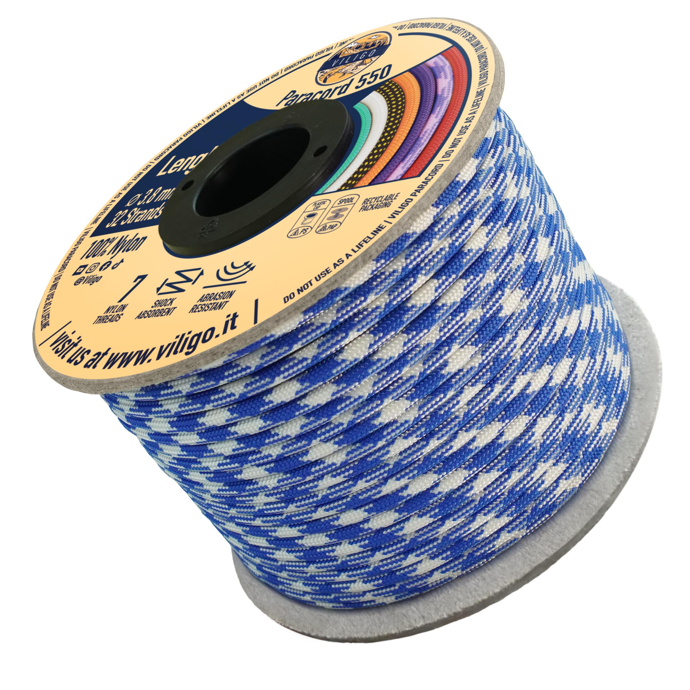 VILIGO Paracord 550 - Type III (3.8 mm) - Nylon Braid, 7 Inner Strands, Ideal for Camping, DIY Projects, Bracelet Making and Accessories (15 m, Neptune)