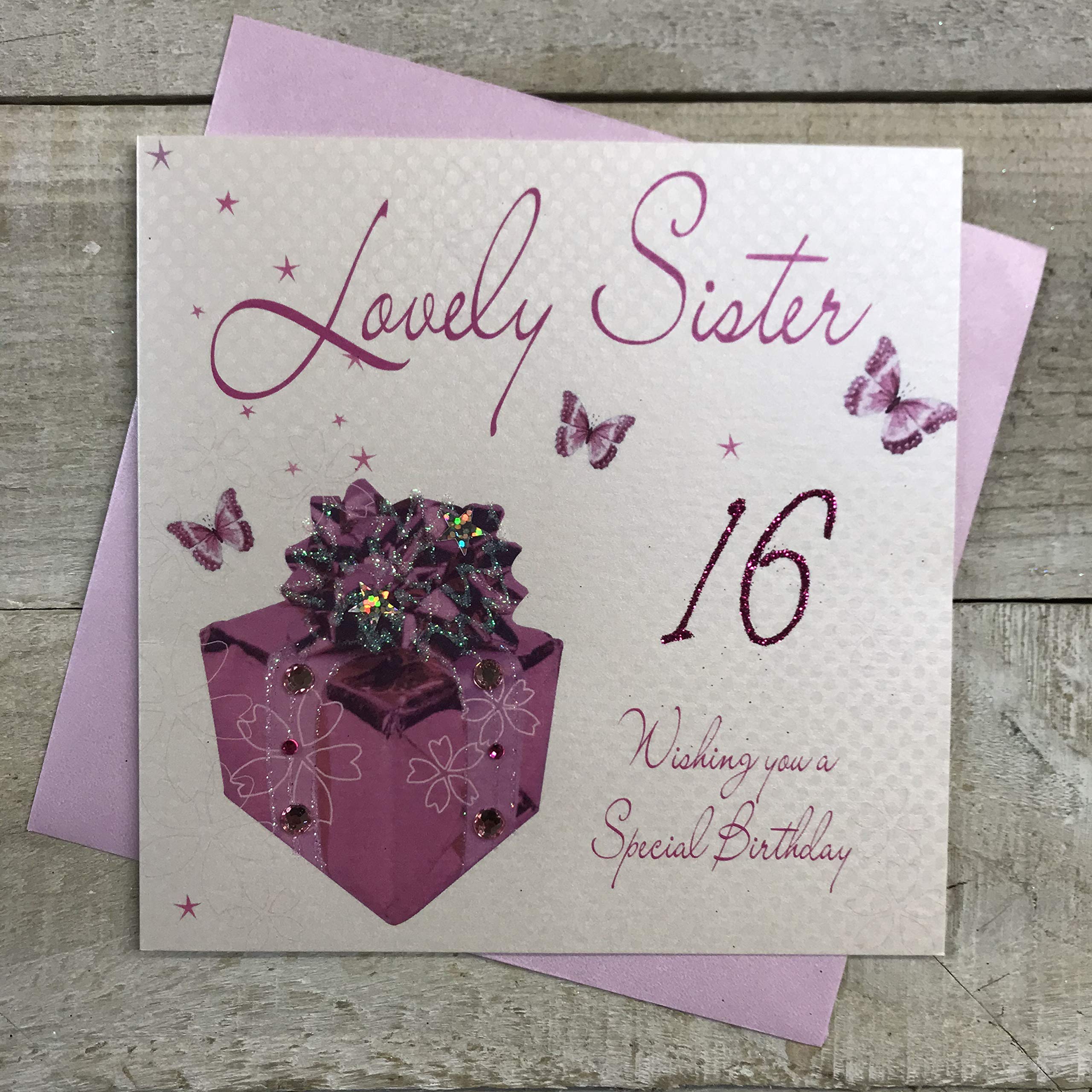 WHITE COTTON CARDS Pink Present, Lovely Sister 16 Wishing You A Special Handmade 16th Birthday Card, White, WB190-16