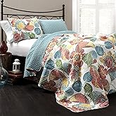 Lush Decor Layla Quilt Floral Leaf Print 3 Piece Reversible Bedding Set, King, Orange Blue