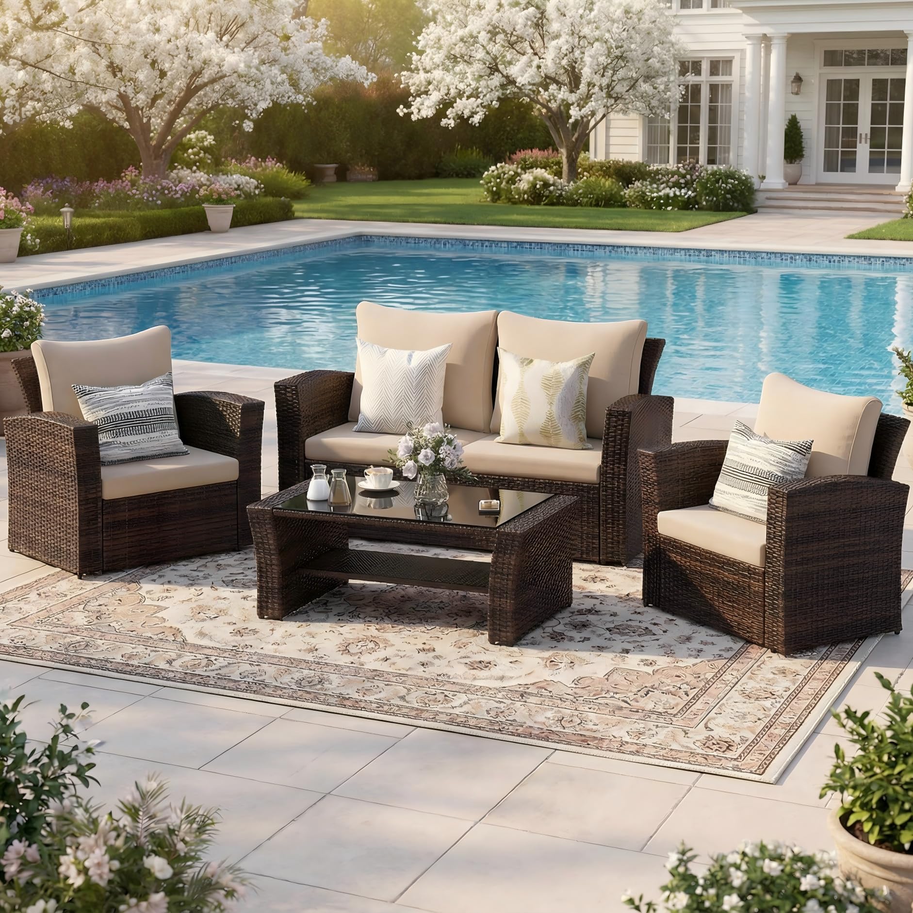 Photo 1 of *PARTIAL SET*
Wisteria Lane 4 Piece Patio Furniture Set, Wicker Outdoor Patio Conversation Furniture Set, All Weather Outdoor Patio Sofa with Cushion and Glass Table, Brown