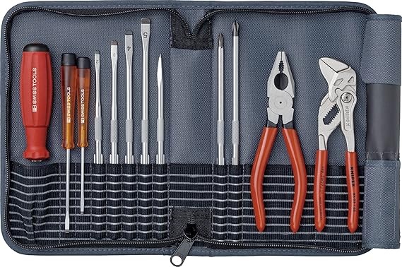 PB Swiss Tools Werkzeug-Set 12-tlg. Inkl. Rolltasche, Schraubendreher, Knipex Zangen, 100% Swiss Made, Lebenslange Garantie, 