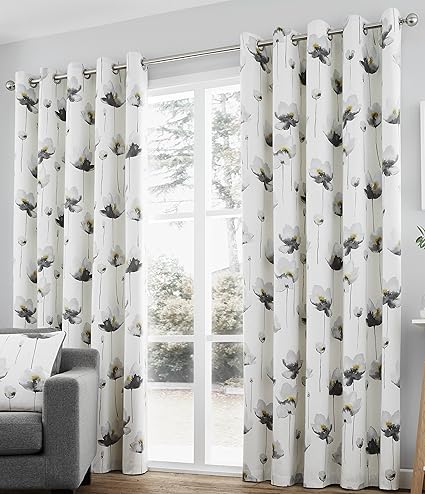 Fusion Kiera Floral Eyelet Lined Curtains Grey 90 X 72 Inch