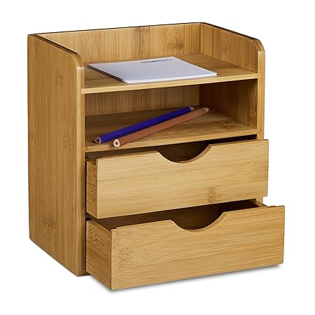 Relaxdays Schreibtisch-Organizer HBT: 21x20x13cm Ablagesystem aus Bambus für den Schreibtisch Organizer mit 2 Ablagen und 2 h