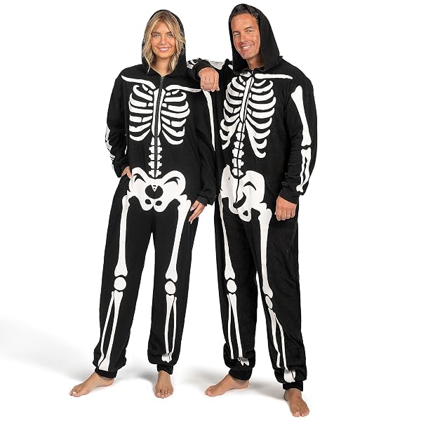 SPOOKTACULAR CREATIONS ADULT SKELETON COSTUMES FOR WOMEN GLOW IN THE DARK SKELETON JUMPSUIT ZIP-UP HOODED JUMPSUIT HALLOWEEN COSPLAY COSTUME