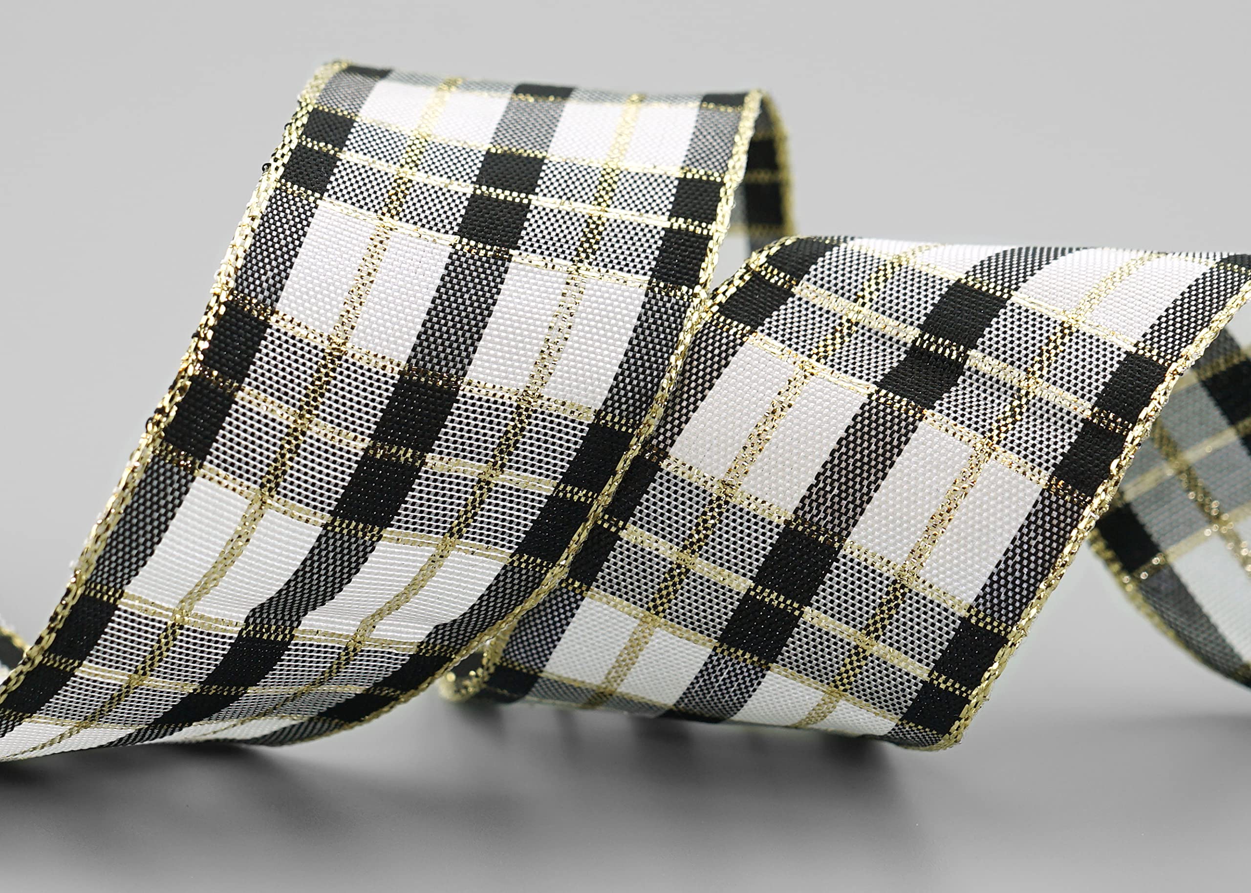 finemark 20 m x 40 mm Checked Christmas Ribbon Black Grey Gold (113) White with Lurex Wired Edge Ribbon Decorative Ribbon Gift Ribbon Tartan Shiny Ribbon Gold Edge Wire Ribbon Winter Christmas Check