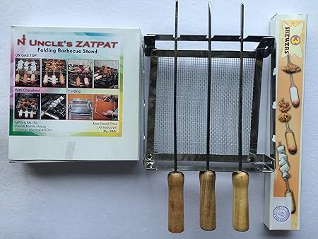 Milestouch Set Of ZATPAT Mini Chota, Portable Compact Barbeque Grilling / Tandoor and Three Skewers-13 Inches (Rods, Saliya) Coal / Gas