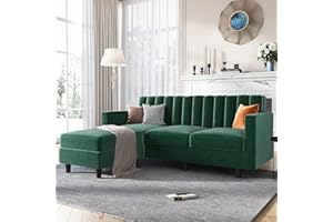 HONBAY Convertible Sectional Sofa, L Shaped Couch with Reversible Chaise, Velvet Sectional Couch for Small Apartment, Green