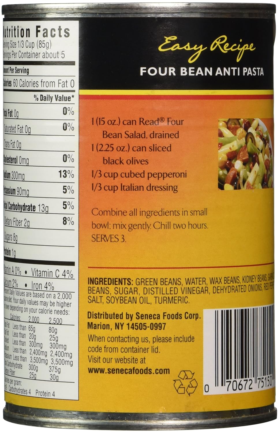 Read Four Bean Salad Can, 15-Ounce (Pack of 12) : Canned And Jarred Bean Salad : Grocery & Gourmet Food
