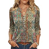 LUYAA Womens Blouses 3/4 Length Sleeve Tops 2026 Pearl Button Down Shirts Spring Summer Business Casual Outfits for Women